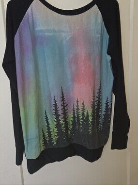 Sea Of Wolves -Women's  Black Bamboo Sweater with Multicolor Aurora Forest Print